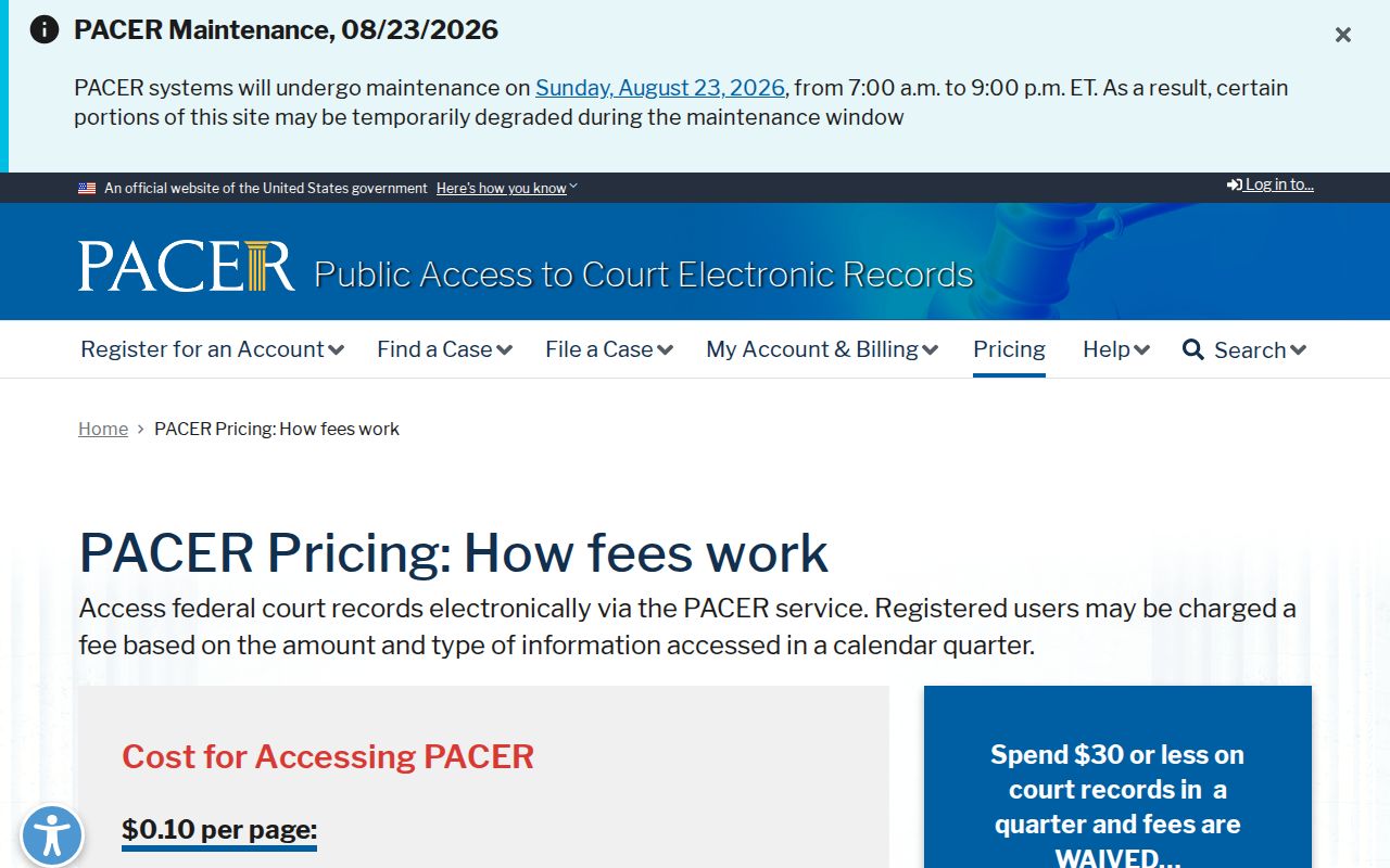 Official PACER federal court records pricing page